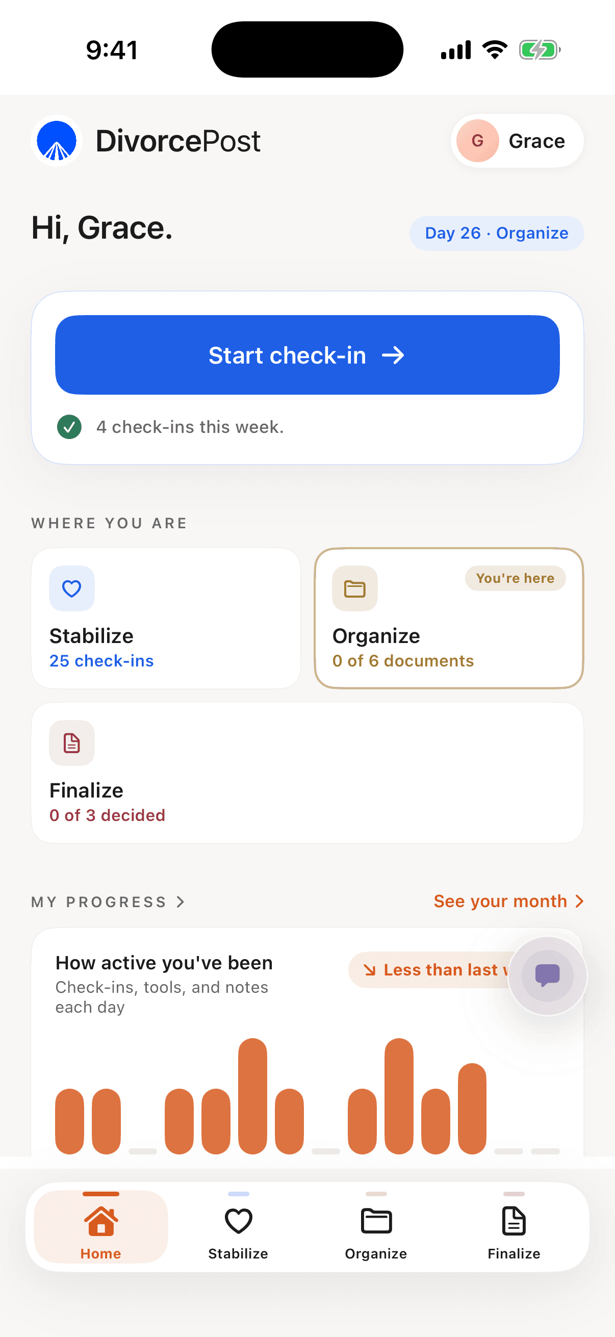The DivorcePost home screen: a daily check-in button, the three phases Stabilize, Organize and Finalize, and a progress chart.